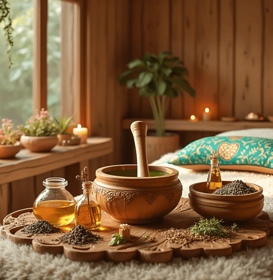 Traditional Ayurvedic preparation — herbs, mortar, and daily practice elements