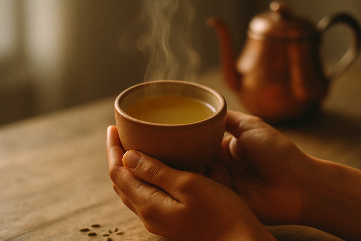 Hands cradling a warm cup of ginger tea — the Gut Reset opens here