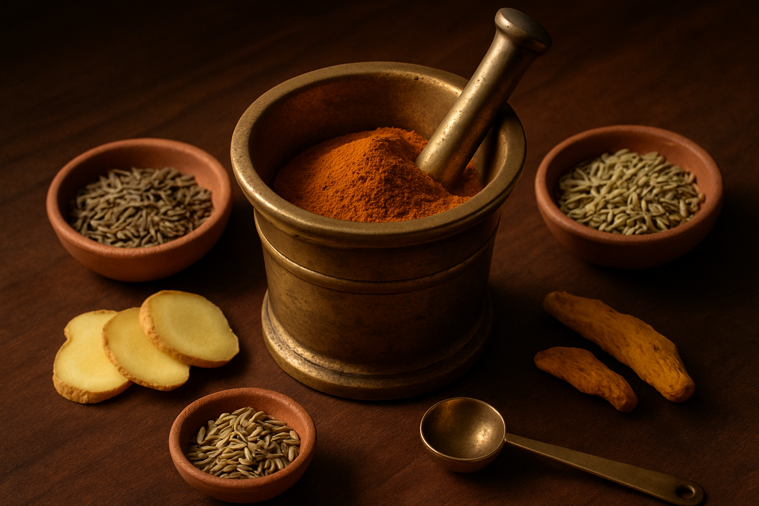 The four-herb layer — triphala, ginger, cumin, fennel — Day 9