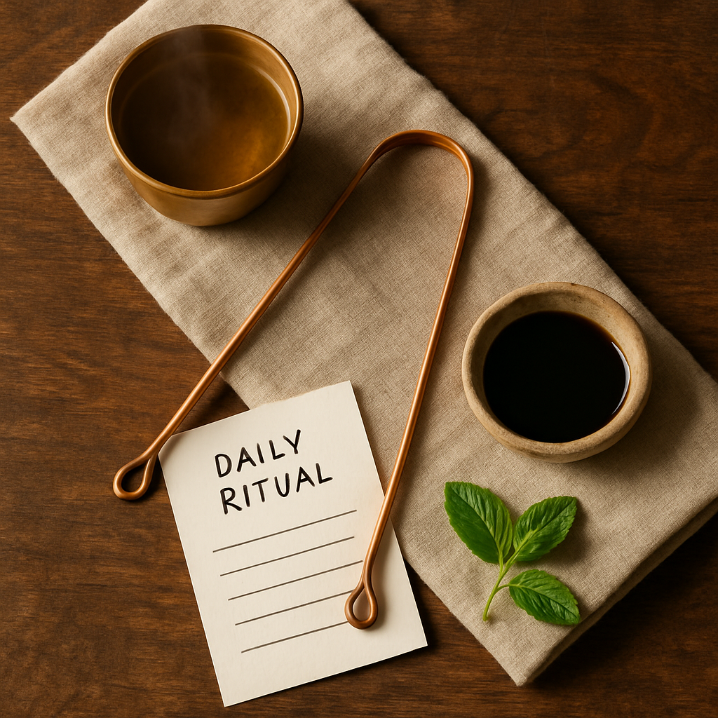 The morning ritual setup — copper tongue scraper, warm water, daily card